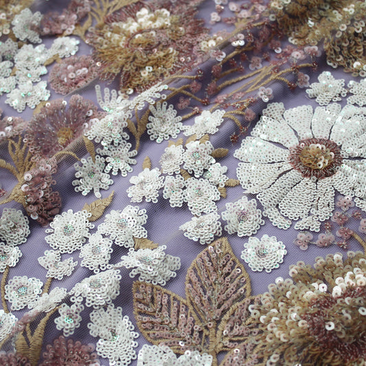 Embroidered Tulle with Thread and Paillettes, Floral Design