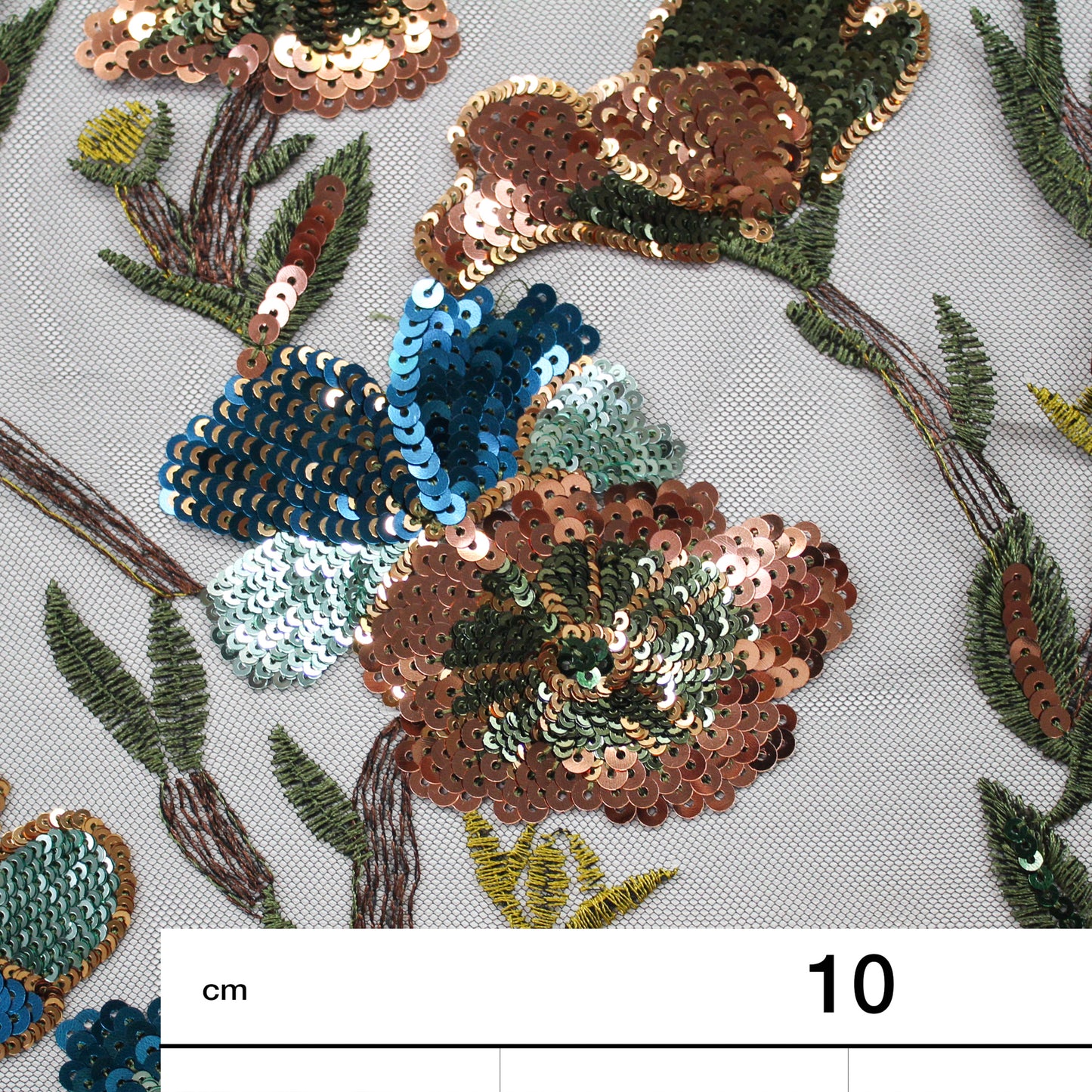 Tulle Ricamato a Filo | Motivo Ramage e Fiori in Blu e Rame