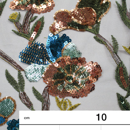 Tulle Ricamato a Filo | Motivo Ramage e Fiori in Blu e Rame