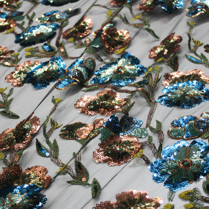 Tulle Ricamato a Filo | Motivo Ramage e Fiori in Blu e Rame
