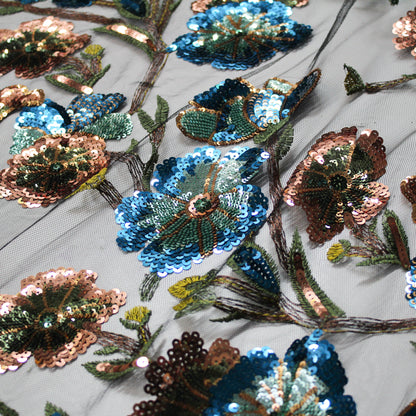 Tulle Ricamato a Filo | Motivo Ramage e Fiori in Blu e Rame