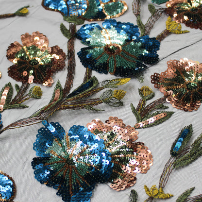 Tulle Ricamato a Filo | Motivo Ramage e Fiori in Blu e Rame