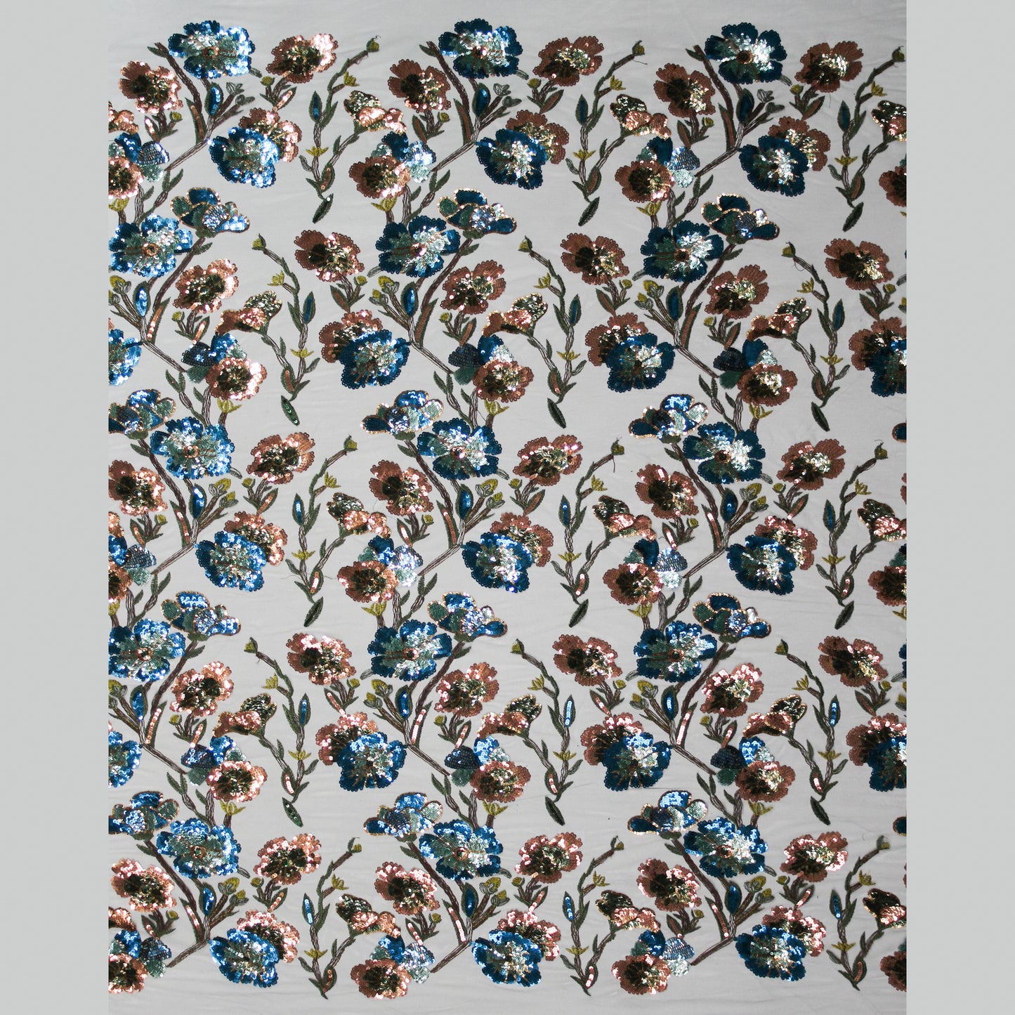 Tulle Ricamato a Filo | Motivo Ramage e Fiori in Blu e Rame