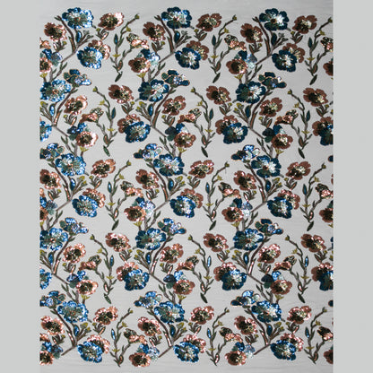 Tulle Ricamato a Filo | Motivo Ramage e Fiori in Blu e Rame