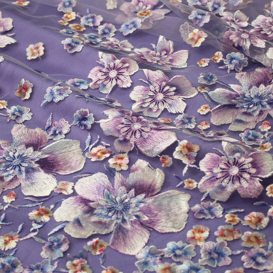 Embroidered Tulle with Printed Thread and Degradé Flowers