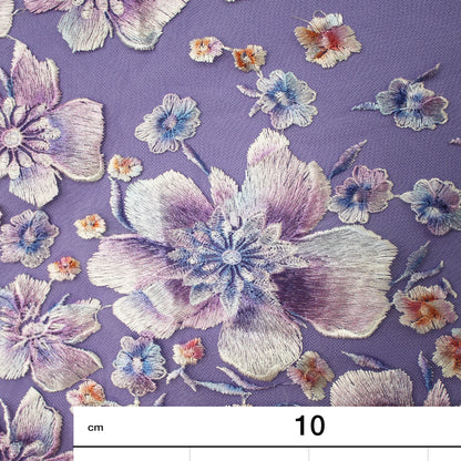 Tulle Ricamato a Filo Stampato con Fiori a Degradè