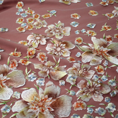 Tulle Ricamato a Filo Stampato con Fiori a Degradè