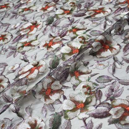 Tulle Ricamato a Filo Stampato con Fiori