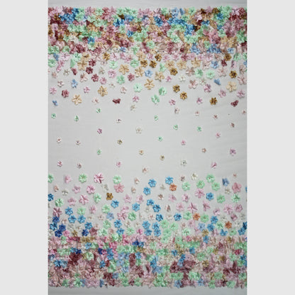 Tulle Ricamato con Fiori 3D Degradè in Organza Multicolor con Perlina