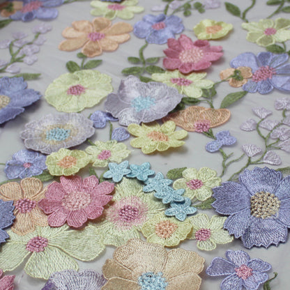 3D Multiform Flower and Leaf Embroidered Tulle