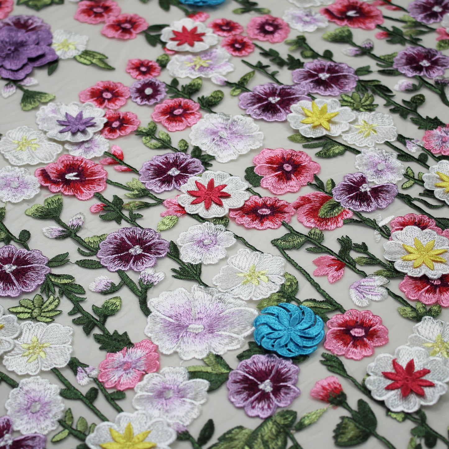 Embroidered Tulle with 3D Flowers and Multicolor Thread Embroidery