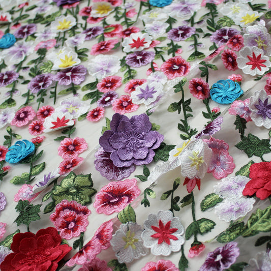 Embroidered Tulle with 3D Flowers and Multicolor Thread Embroidery