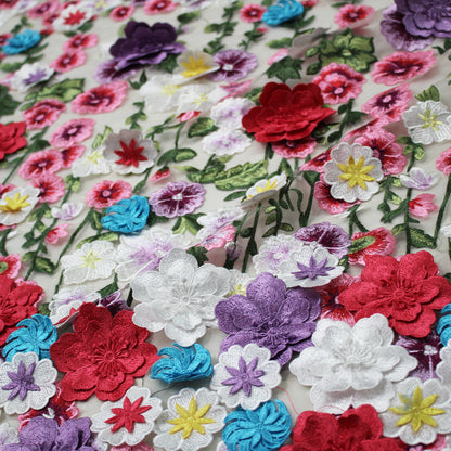 Embroidered Tulle with 3D Flowers and Multicolor Thread Embroidery