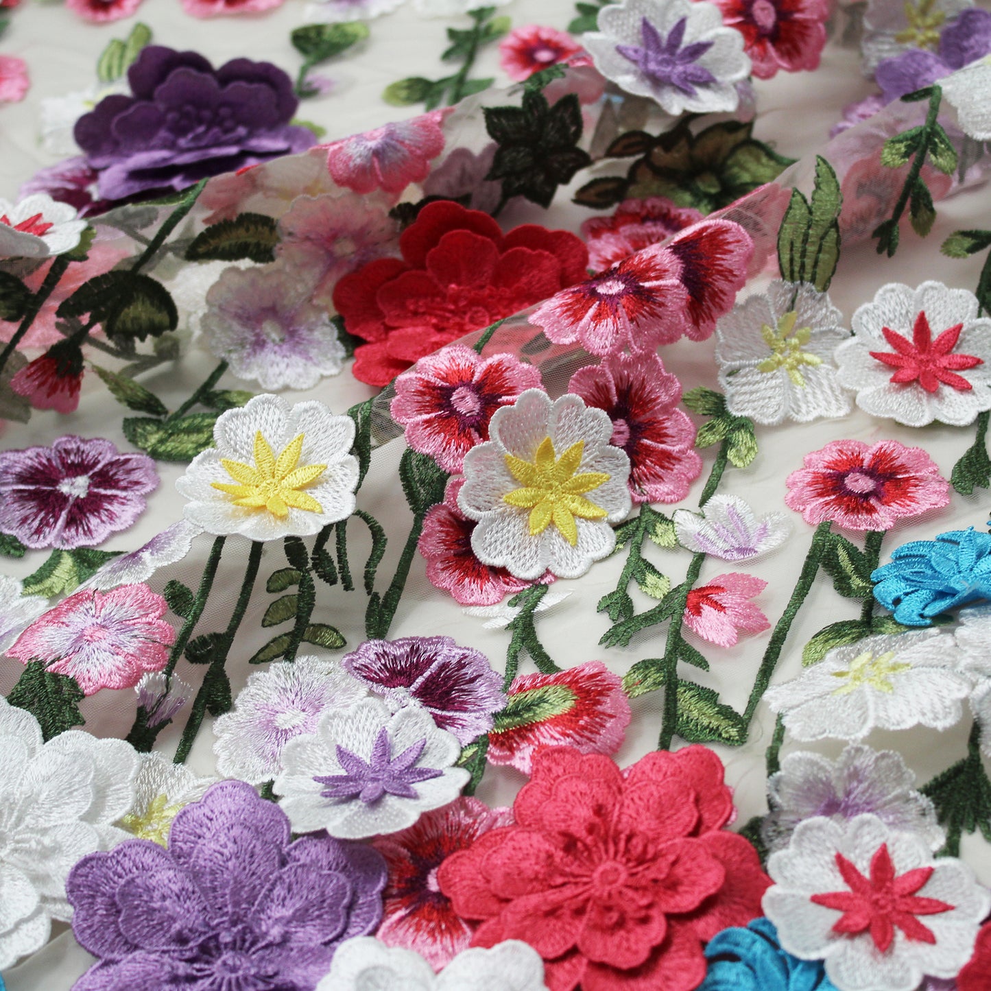 Embroidered Tulle with 3D Flowers and Multicolor Thread Embroidery