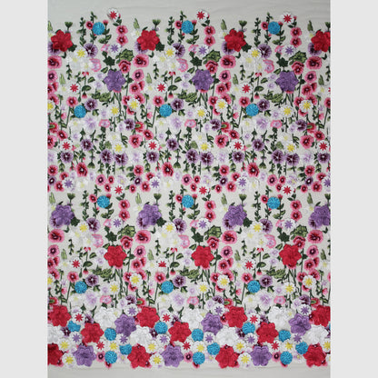 Embroidered Tulle with 3D Flowers and Multicolor Thread Embroidery