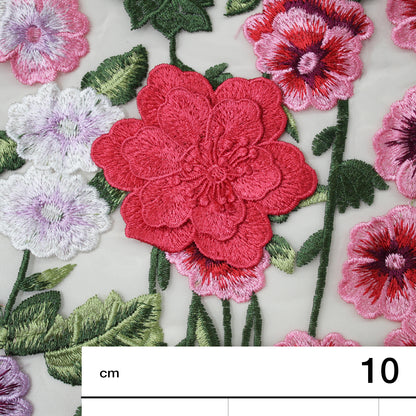 Embroidered Tulle with 3D Flowers and Multicolor Thread Embroidery