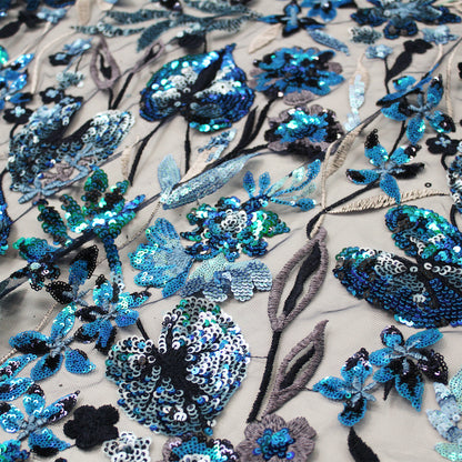 Tulle Ricamato con Fiori e Foglie Grandi Multicolor