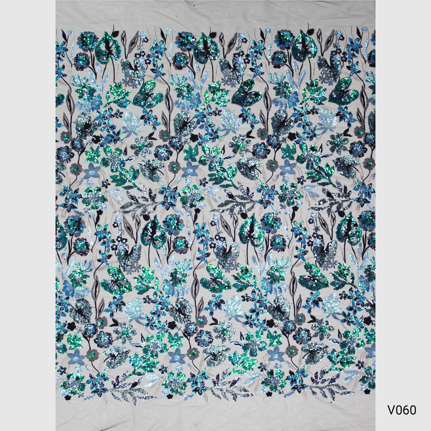 Tulle Ricamato con Fiori e Foglie Grandi Multicolor