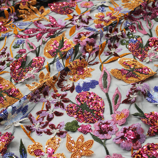 Embroidered Tulle with Large Multicolor Flowers and Leaves