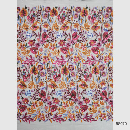 Tulle Ricamato con Fiori e Foglie Grandi Multicolor