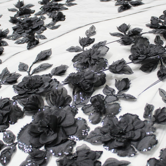 Embroidered Tulle with Organza Flowers, Beads, Corals, and Paillettes