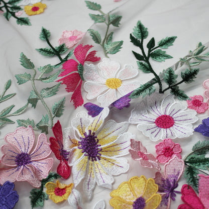 Tulle Ricamato con Fiori a Rilievo Multicolor
