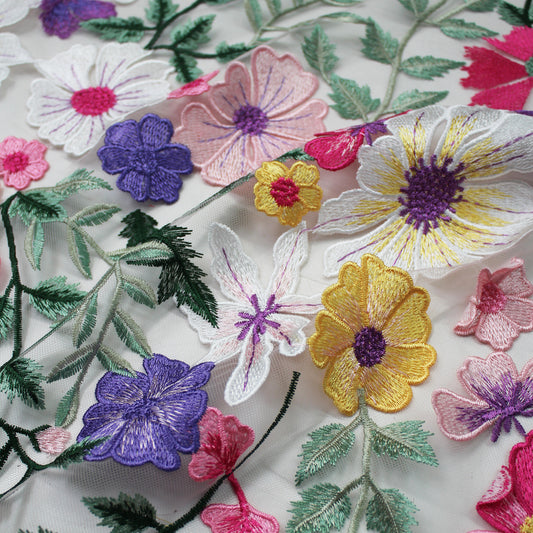 Embroidered Nude Tulle with Multicolor 3D Flowers