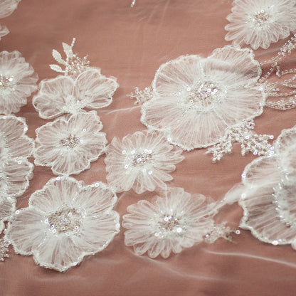 Embroidered Tulle with Tulle Flowers, Paillettes, and Coral Beads