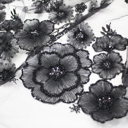 Embroidered Tulle with Tulle Flowers, Paillettes, and Coral Beads