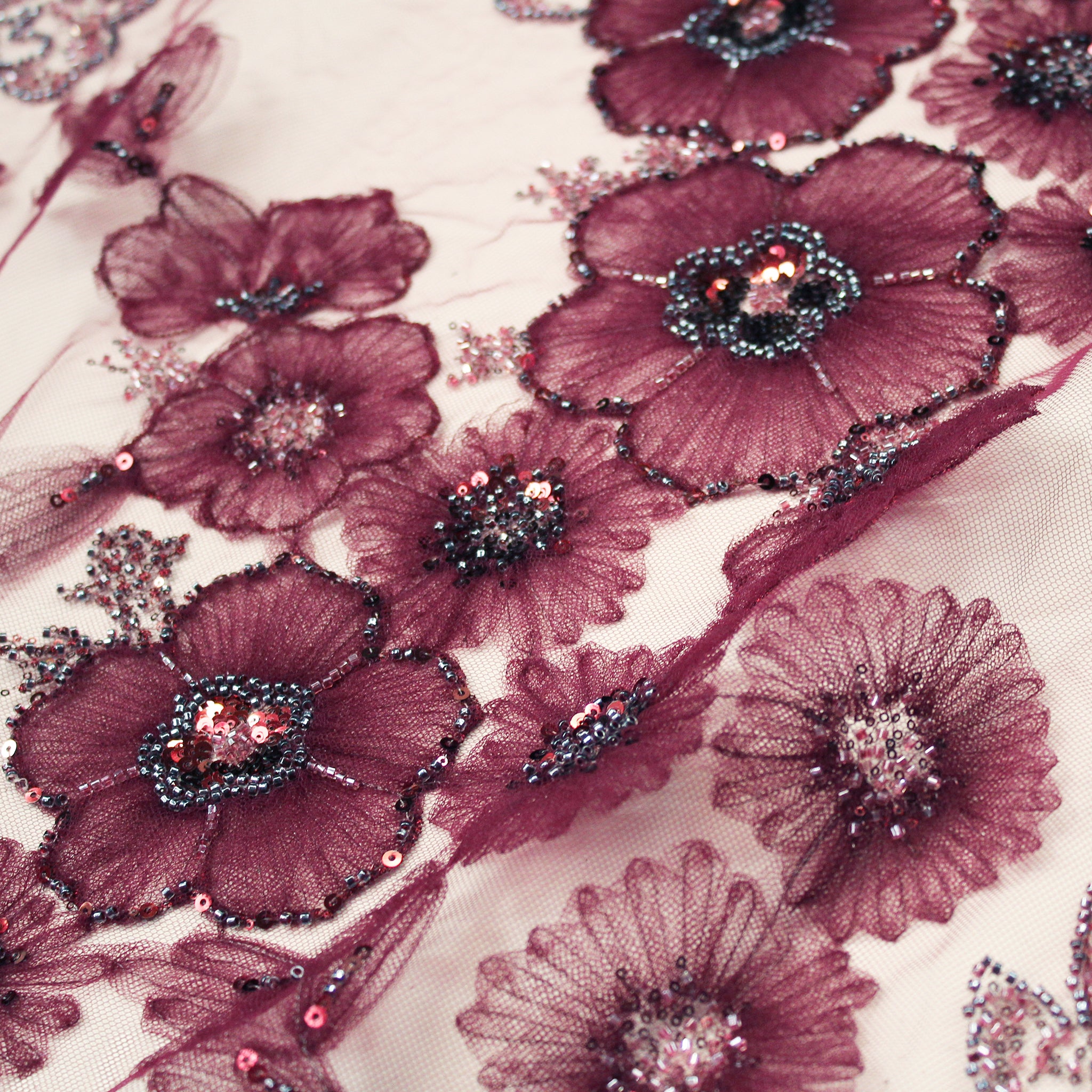 Tulle Embroidered with Tulle Flowers, Sequins and Corals