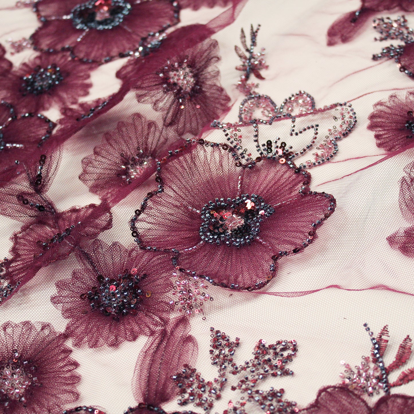 Embroidered Tulle with Tulle Flowers, Paillettes, and Coral Beads