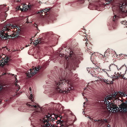 Embroidered Tulle with Tulle Flowers, Paillettes, and Coral Beads