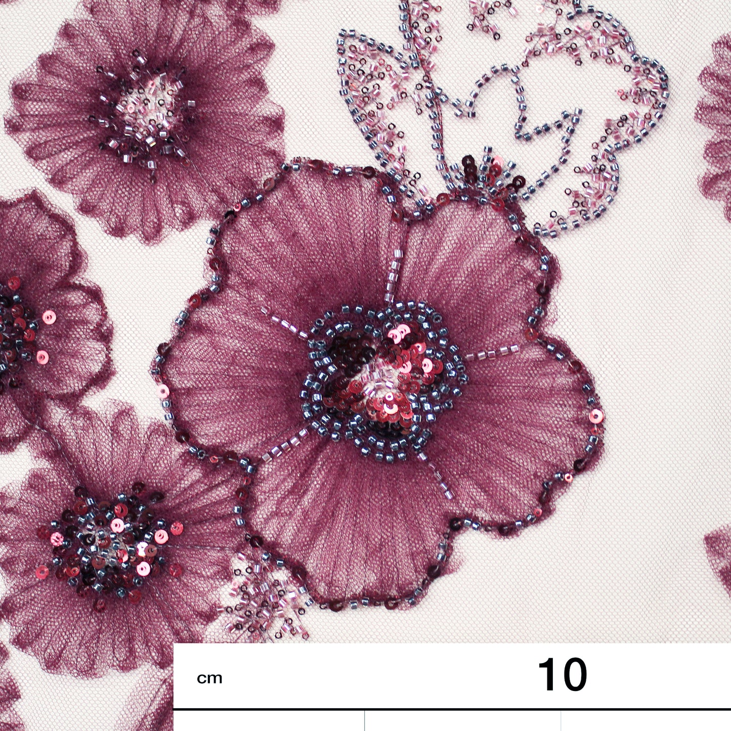 Embroidered Tulle with Tulle Flowers, Paillettes, and Coral Beads