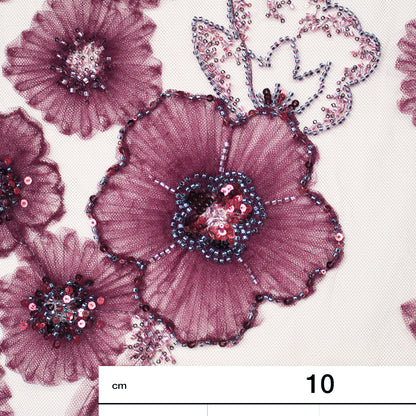 Embroidered Tulle with Tulle Flowers, Paillettes, and Coral Beads
