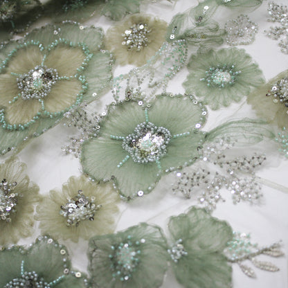 Embroidered Tulle with Tulle Flowers, Paillettes, and Coral Beads