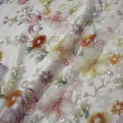 Embroidered Tulle with Tulle Flowers, Beads, Corals, and Multicolor Paillettes