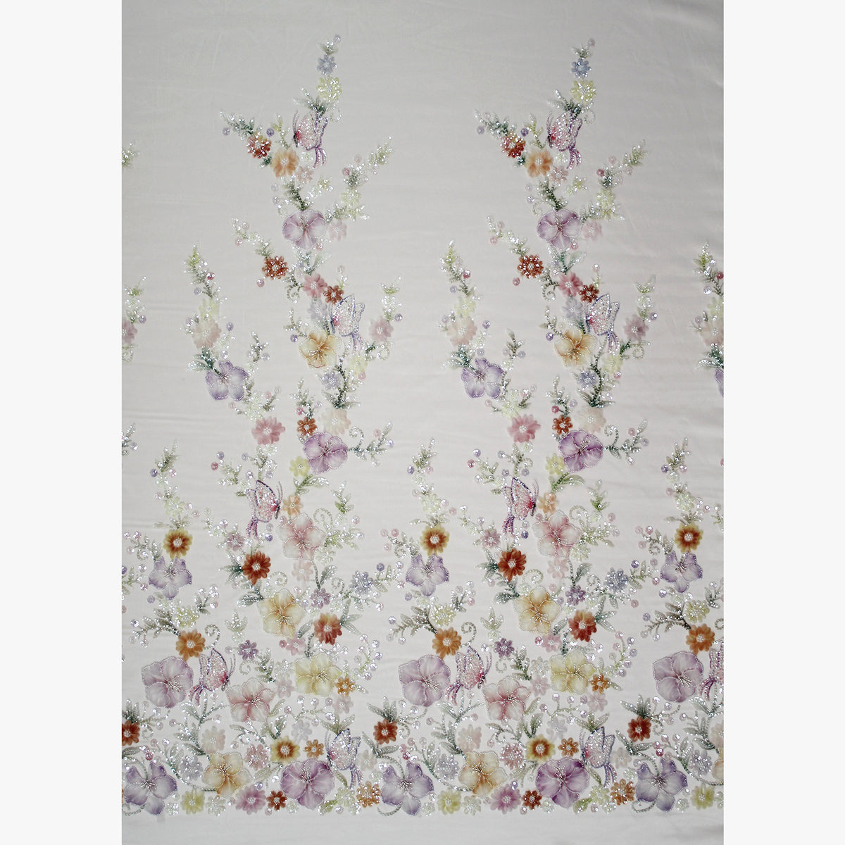 Embroidered Tulle with Tulle Flowers, Beads, Corals, and Multicolor Paillettes