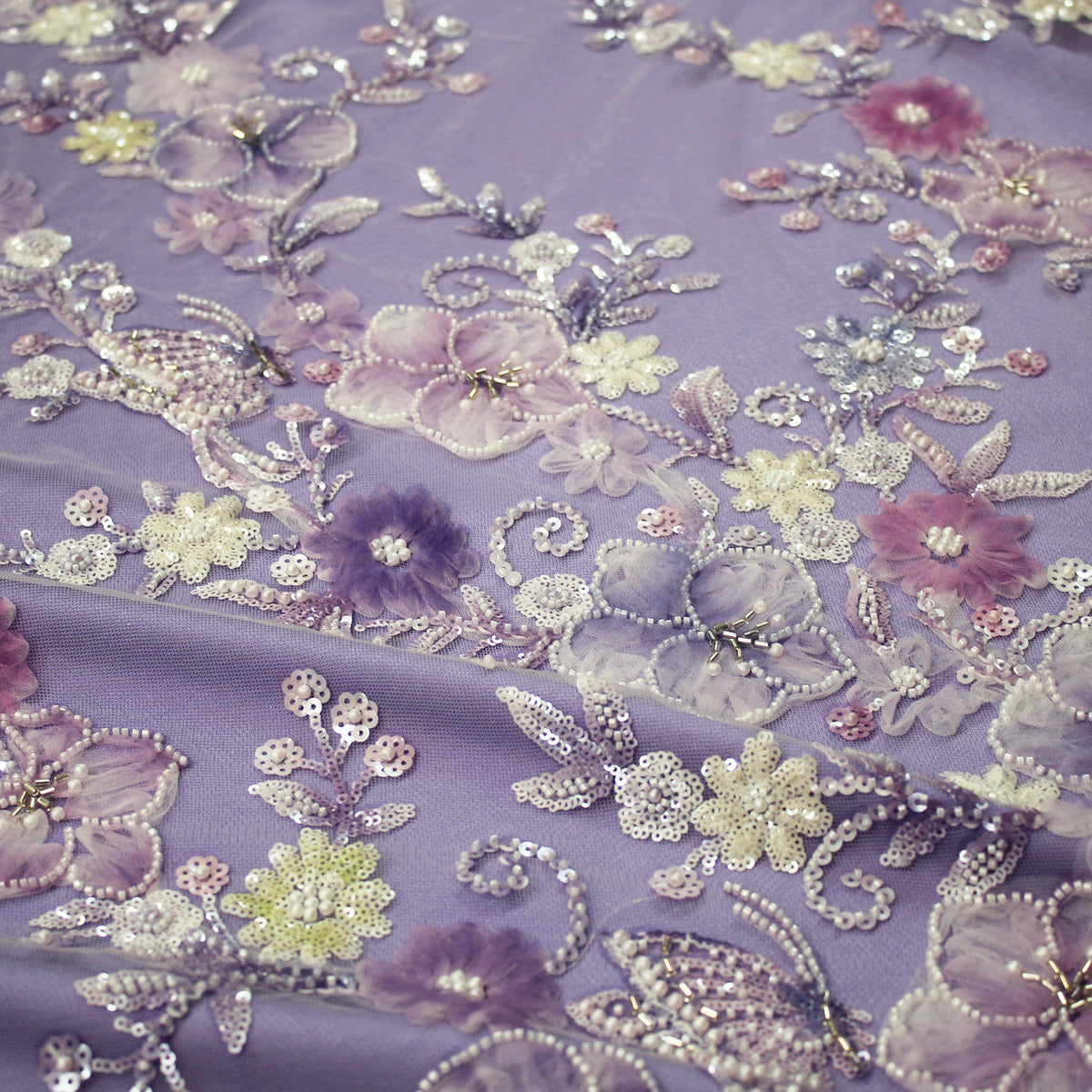 Embroidered Tulle with Tulle Flowers, Beads, Corals, and Multicolor Paillettes