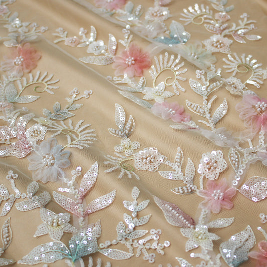 Embroidered Tulle with Ombre Tulle Flowers, Leaves, Paillettes, and Corals