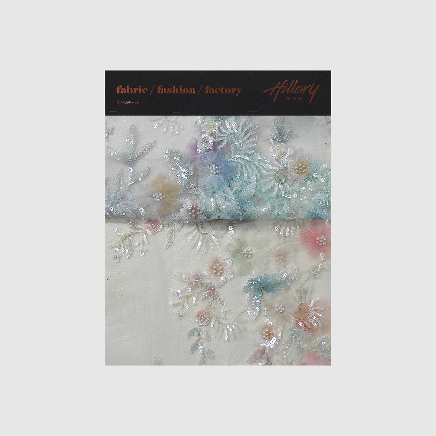 Embroidered Tulle with Ombre Tulle Flowers, Leaves, Paillettes, and Corals Sample
