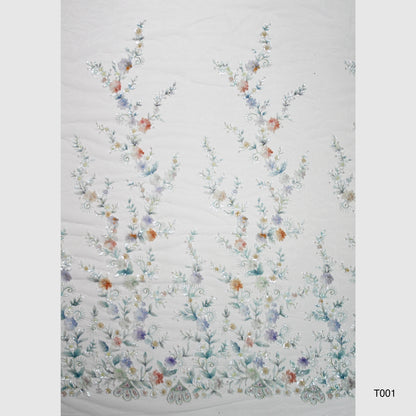 Tulle Ricamato con Fiori in Tulle Sfumato, Foglie, Paillettes e Coralli