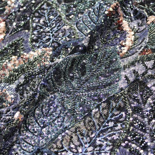 Tulle embroidered with full-field leaves, sequins and multicolored corals