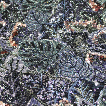 Embroidered Tulle with Full-Field Leaves, Multicolor Paillettes, and Corals