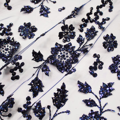 Tulle Ricamato Glitter con Fiori in Paillettes 3D