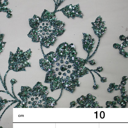 Tulle Ricamato Glitter con Fiori in Paillettes 3D