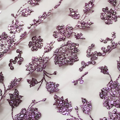 Tulle Ricamato Glitter con Fiori in Paillettes 3D