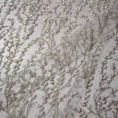 Tulle Ricamato Glitter con Motivo Ramato e Fiori Piccoli
