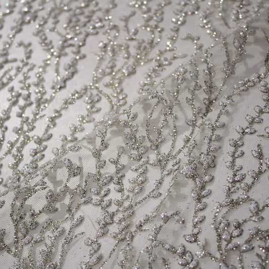 Tulle Ricamato Glitter Sposa con Motivo Ramato e Fiori Piccoli