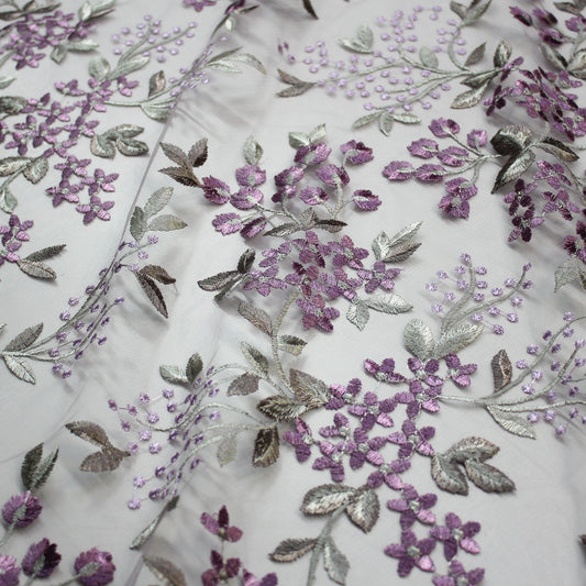 Tulle Ricamato Lavanda Fiori Piccoli Lurex