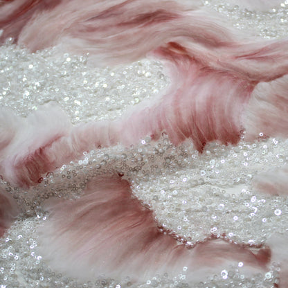 Tulle Ricamato con Motivo ad Onde, Tulle, Paillettes e Coralli